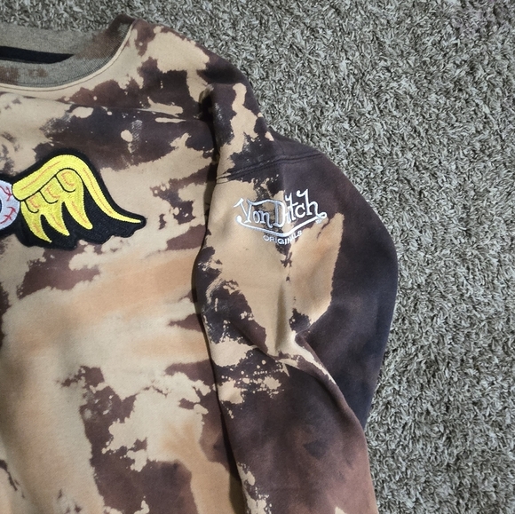 Vintage Von Dutch Flying Eyeball Unisex Sweatshirt Size Large Brown Tie Die - Picture 7 of 8